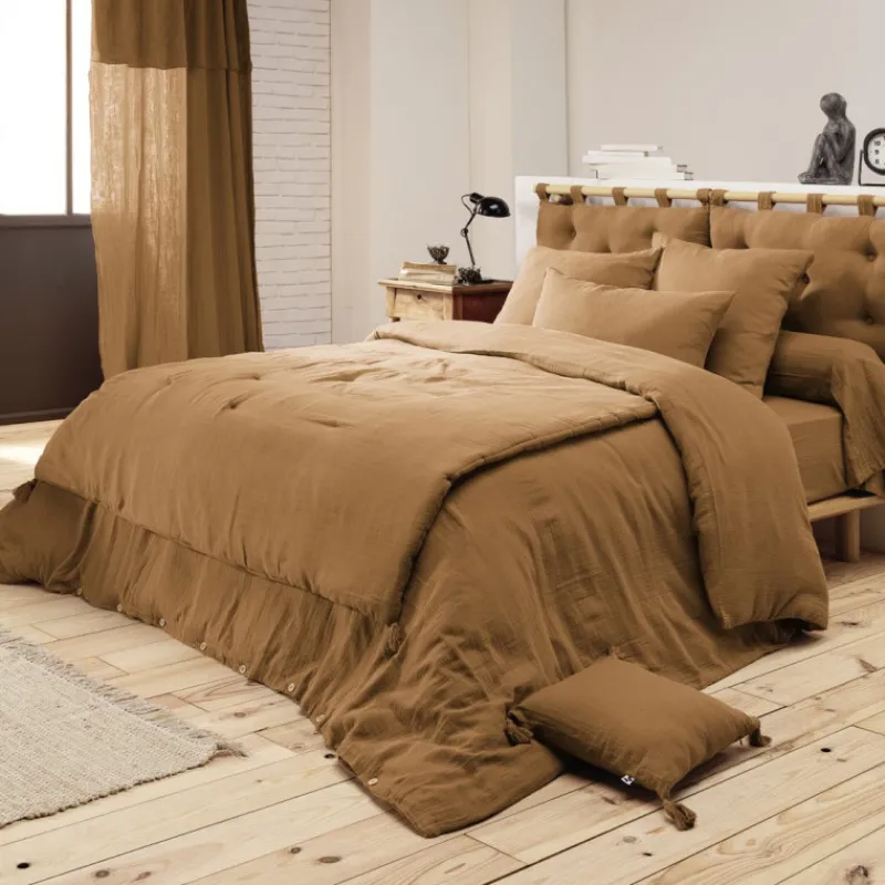 Draps Plats Et Draps Housse<L'effet papillon Drap housse Gaïa Camel en gaze de coton,