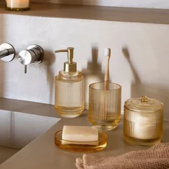 Coin Lavabo<Andrea House Pompe à Savon Strié Gold en verre,